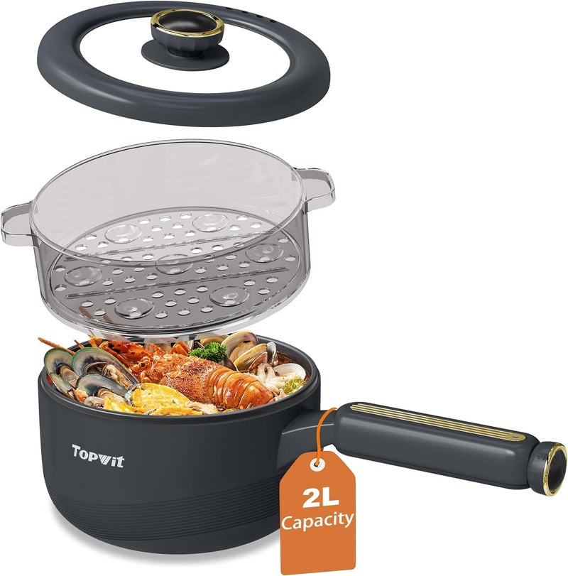 TopWit Hot Pot Electric with Steamer, 2L Multifunctional Electric Cooker, Non-Stick Sauté Pan, Portable Pot for Steak, Fried Rice, Ramen, Soup with Dual Power Control (Spatula Not Included), Grey - Image 1